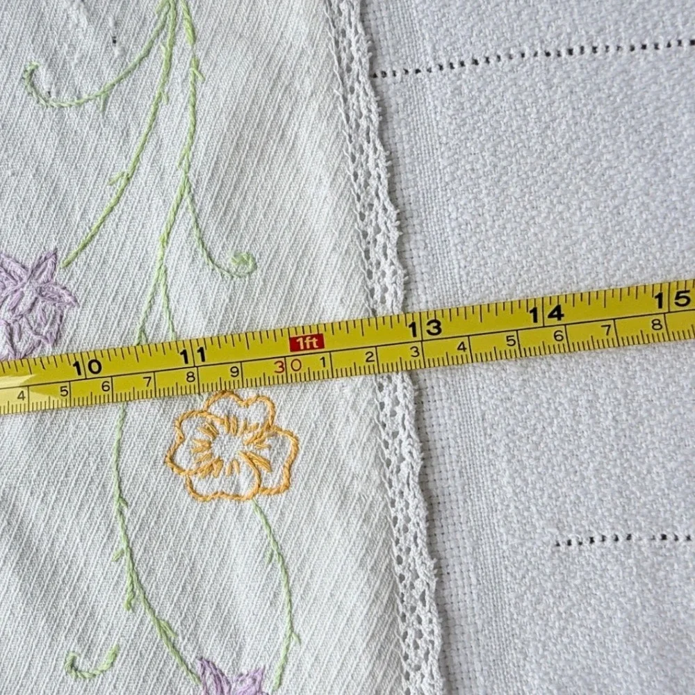 Vintage Hand Embroidered Table Runner Dresser Scarf Set Floral White Cotton Lace